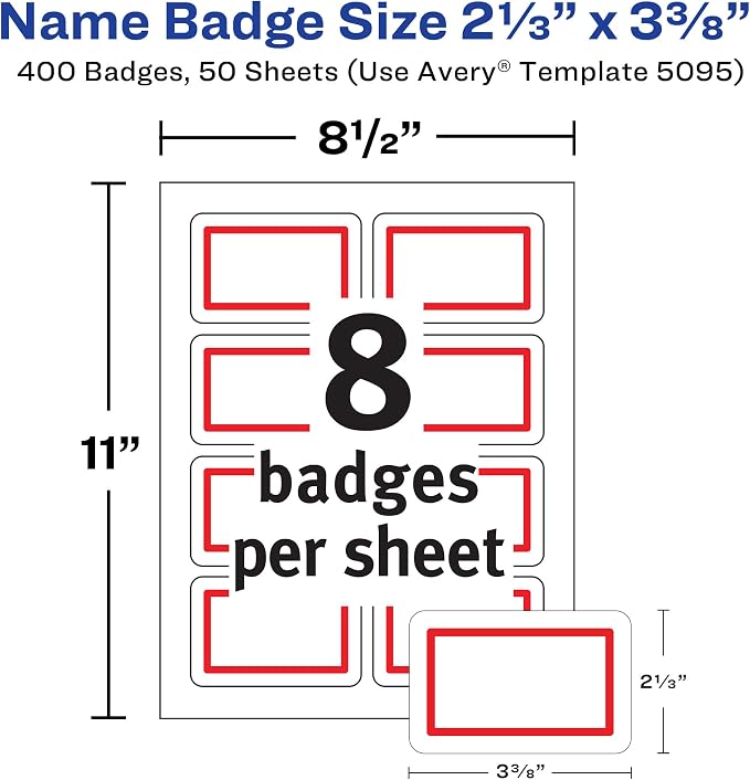 Avery Flexible Printable Name Tags, 2-1/3" x 3-3/8", White with Red Border, 400 Removable Name Badges (05095)