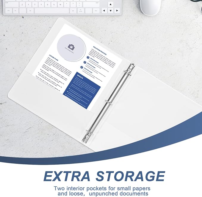 0.5 Inch 3 Ring Binders, 12 Pack White Slim Binders with Clear View Covers and 2 Interior Pockets, Half Inch Round Ring Binder Holds 100 Sheets of 8.5 x 11 Inch Paper