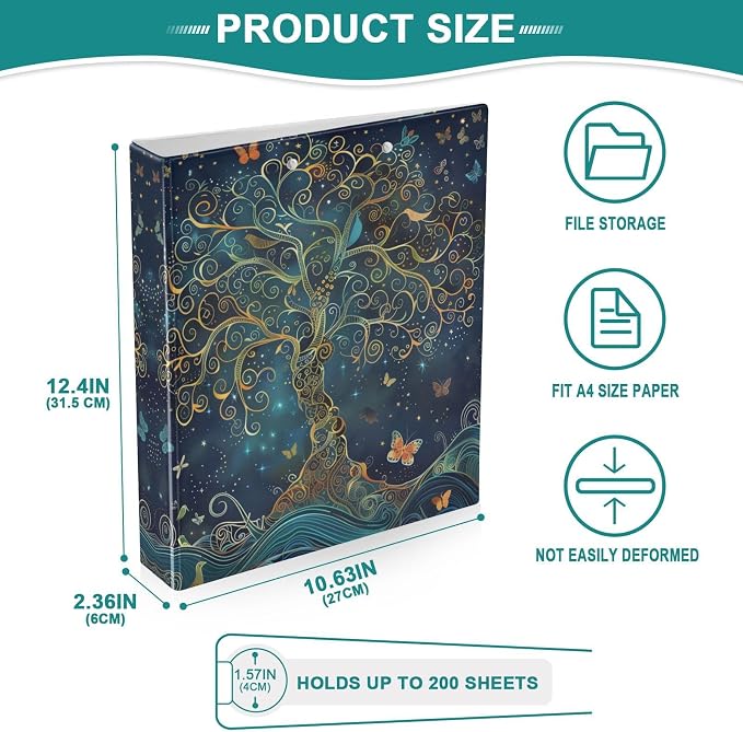 Tree of Life Hard Cover Ring Binder 1.5 Inch 3 Ring, Printed Ring Binder with Metal Non-Slip Clip Clear Pocket Water Resistant Round Ring Binders for Recipe Budget Office