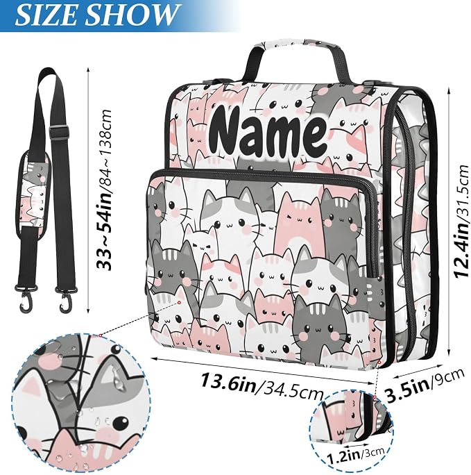 Custom Cute Cats Grey Pink 3 Ring Binder Bag 1.5 inch Personalized Name Binder Organizer 500 Sheet Documents Storage for School Office