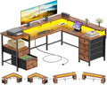 Furologee 66'' L Shaped Computer Desk with 6 Drawers & LED, Rustic Brown | Reversible Large Corner Desk with Printer Storage Shelves,LED Lights,Monitor Stand for Home Office,Working Writing Study