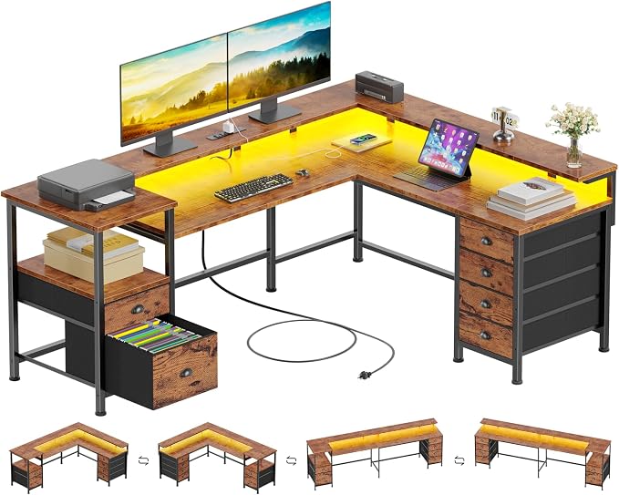 Furologee 66'' L Shaped Computer Desk with 6 Drawers & LED, Rustic Brown | Reversible Large Corner Desk with Printer Storage Shelves,LED Lights,Monitor Stand for Home Office,Working Writing Study