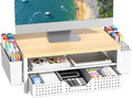 Wood Metal Monitor Stand Riser, Laptop Stand for Desk, Office Desk Organizer and Accessories, Computer Desktop Shelf with Drawer and Pen Holder, Printer Stand for Home, Office, Dorm (Natural Wood)