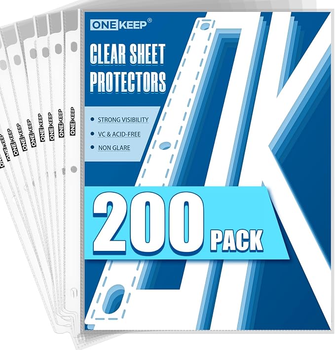 200 Pack Sheet Protectors, Top Loading Reinforced 3-Hole Page | Protectors for 3-Ring Binders, Fits Standard 8.5" x 11" Letter Size Paper, Perfect for Documents & Photos, Office Supplies
