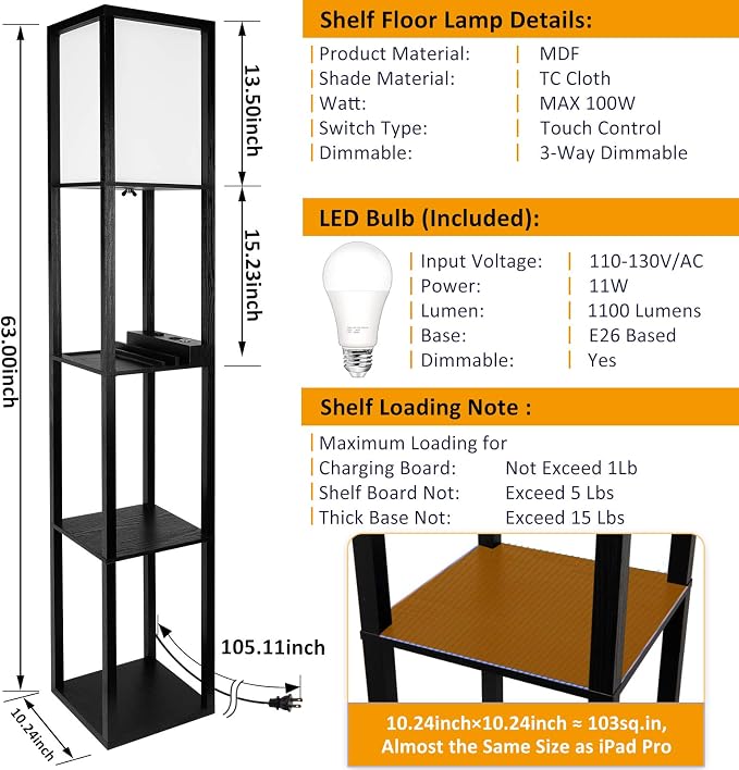 LED Shelf Floor Lamp with USB Charging Ports，Type C Port & Power Outlet, 3 Way Dimmable Touch Control Modern Standing Lamps with Shelves for Bedroom, Living Room | 3-Tier Modern Square Bookshelf Lamp, Corner Standing Light with Power Outlet Dimmable LE...