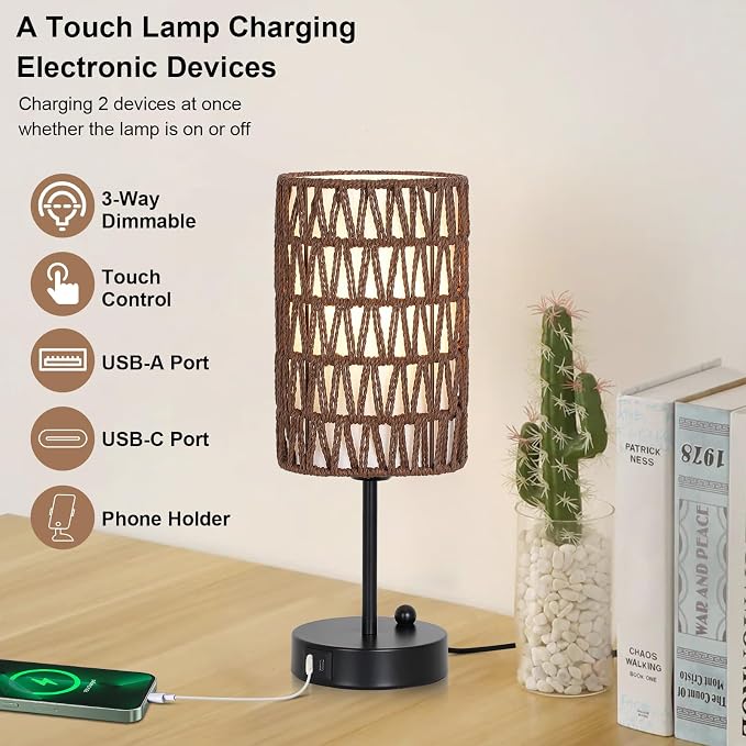 Bedside Lamps Set of 2, Touch Control Night Stand Lamp for Bedroom with Rattan & Linen Shade & Bulbs, 3 Way Dimmable Small Boho Table Lamps with USB Charging Port & Phone Stand (Coffee Color)