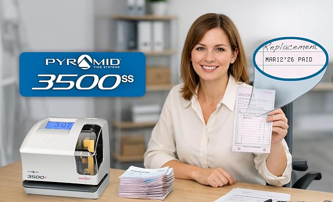 Pyramid Time Systems - 3500SS Employee Automatic Time Clock Bundle | For Payroll Tracking and Attendance Management, With SmartSite Alignment, 25 Time Cards, 1 Ribbon and 2 Security Keys