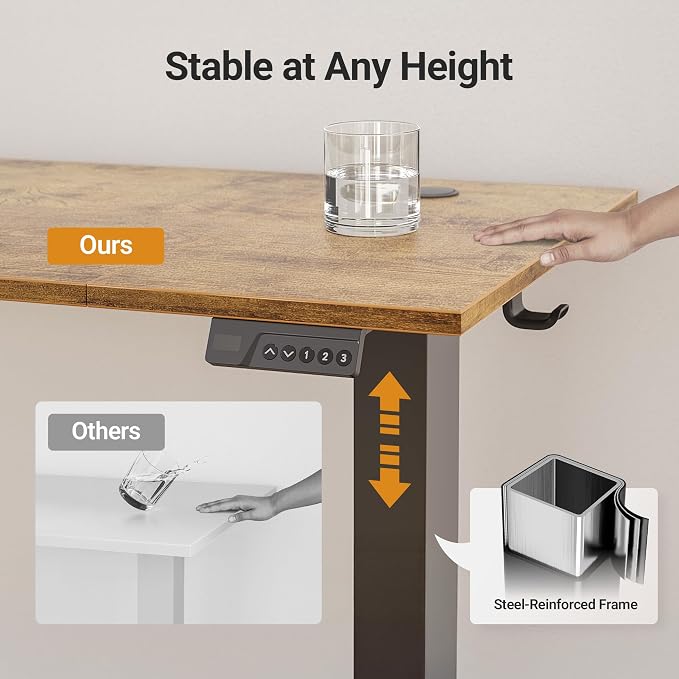 Claiks Electric Height Adjustable Standing Desk, 48x24 Inch, Vintage Brown | Smooth Height Adjustment, 3 Memory Presets, Cable management hub & hook, Stable Steel Frame, 156 lbs Capacity, Easy Assembly