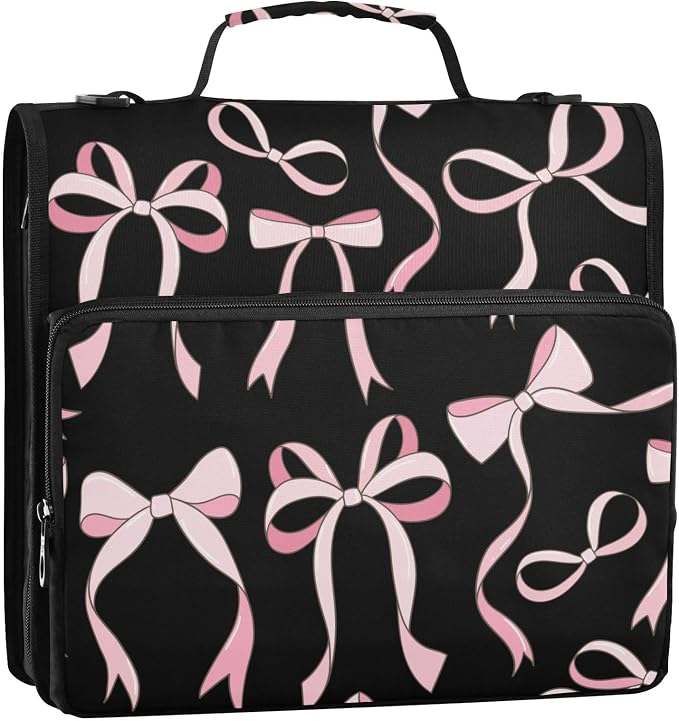 Pink Ribbon Bows Black Zipper Binder with Shoulder Strap Bag 3 Ring Binder Organizer Large Capacity Multiple Compartments for School Office