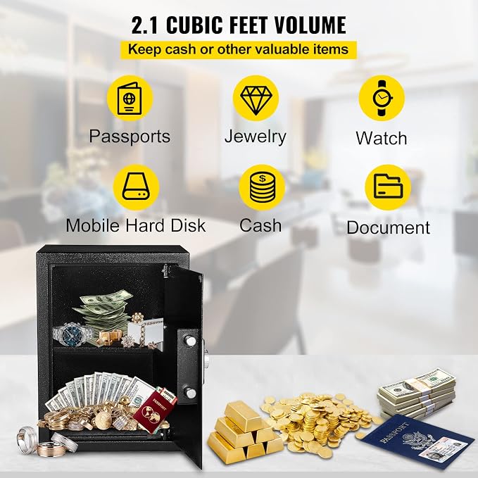 VEVOR Safe Box, 2.1 CU.FT Fingerprint Safe Box for Money w/ 2 Keys & Digital Keypad, Q235 Steel Fireproof Safe Box for Storing Cash, Jewelry, Pistols, Documents, Watches in Home & Office & Hotel