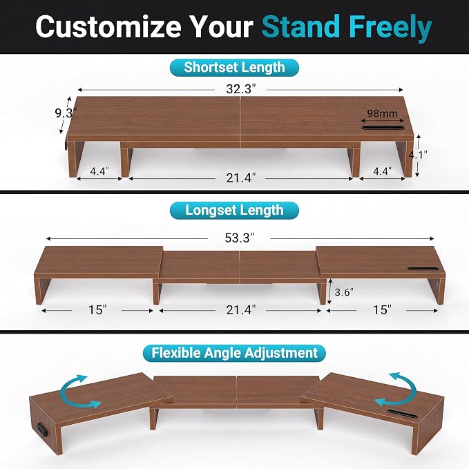BONTEC Triple Monitor Stand Riser with Smartphone Holder, Walnut | Adjustable Length & Swivel Angle, Ergonomic Wooden Desktop Organizer for PC Monitor, Laptop, Printer, Large Storage, 53.3 in