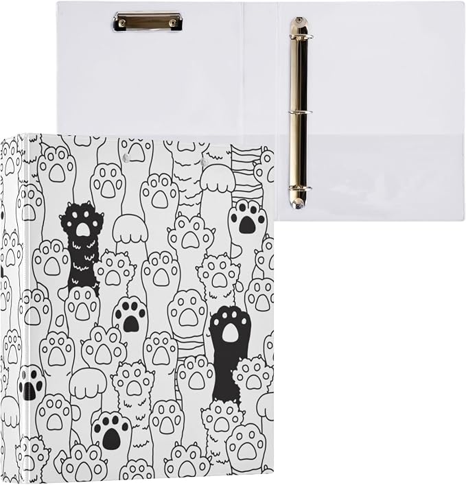 3 Ring Binder 1.5 Inch Dog Cat Paws Clipboards Binders with Interior Pockets Round Ring Binder for Office Supplies and School