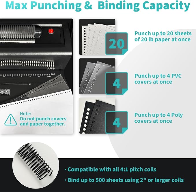 Binditek Spiral Binding Machine, 4:1 Pitch, 20-Sheet Punch, with Bonus Kit | 46 Disengageable Pins, Electric Coil Inserter, Adjustable Side Margin, with 100 8Mil PVC Covers, 100 5/16 in Coils and Pliers