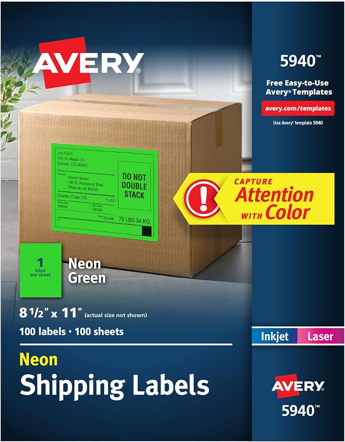 Avery® Printable Shipping Labels, 8-1/2" x 11", Neon Green, Laser & Inkjet Compatible, 100 Blank Labels Total, Great for Branding, Mailing, Organizing, and More (5940)