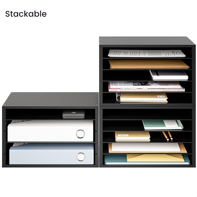 Ballucci 5 Tier Paper Organizer Letter Tray, Wood Desk File Organizer with Adjustable Shelves, Home Office School Letter/A4 Mail Sorter Magazine Holder - Black