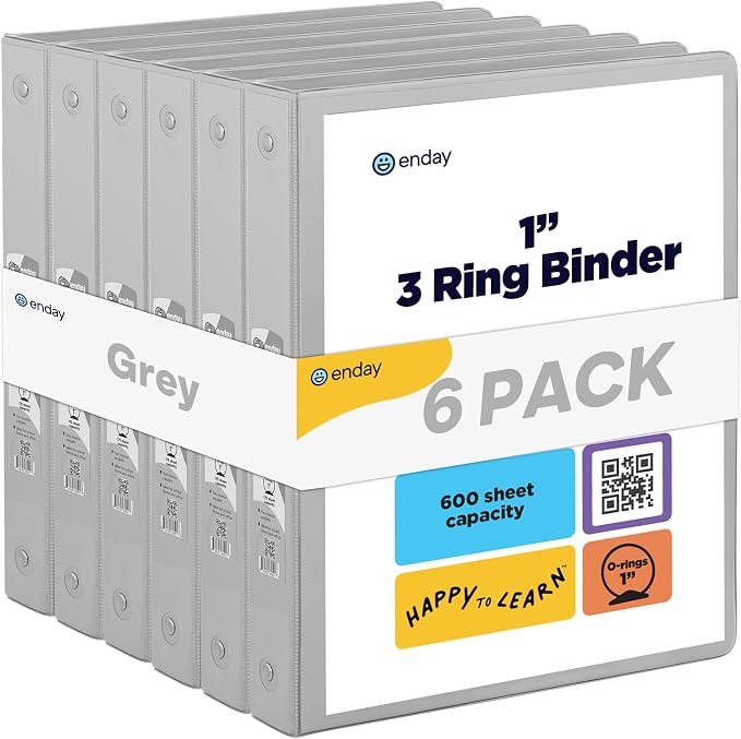 Enday 1 Inch Binder (6 Pack - Grey) 3 Ring Binder 1 inch with Clear View Cover and 2 Inside Pocket - for Letter Size 8.5 x 11'' Paper, Ideal for School Supplies, Office, and Home
