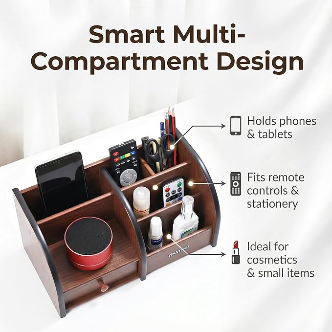 Wooden Desk Organizer with Drawer, Multi-Compartment Desktop Storage for Office Supplies, Remote Control, Phone, Makeup & Accessories