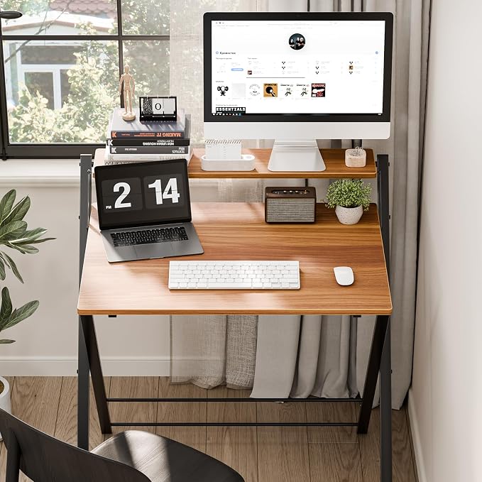 DUMOS Folding Desk No Assembly, Small Computer Desk with Shelf for Dorm | Portable Foldable Table for Laptop, Space Saving Desk for Home Office, Tight Spaces Apartment, Brown