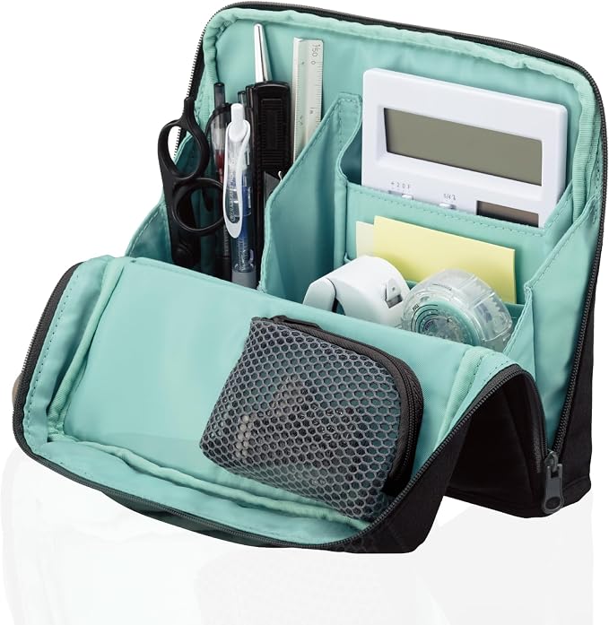 KOKUYO Pencil Case Pouch, Haco-Biz Standing Pen Pouch Bag, Foldable Stand up Pencil Holder Organizer, Large Capacity Portable Pencil Box for Office Supplies, Black x Green (KAHA-HB11D)