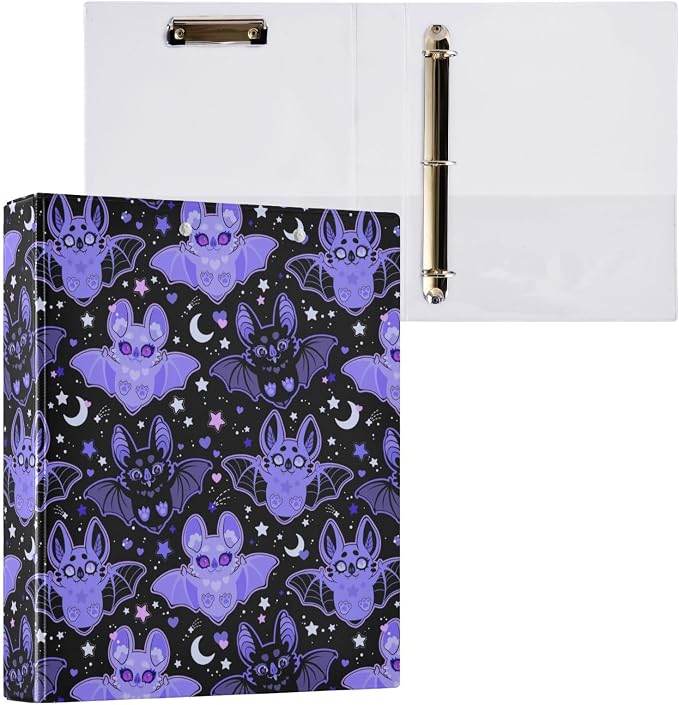 Cute Black Purple Moon Bat Binder 1.5 Inch Binder with Clipboard&Pockets, Cartoon Goth Bats Hardcover Binders 3 Ring Heavy Duty Large File Folder for Office School Supplies - Holds 200 Sheets