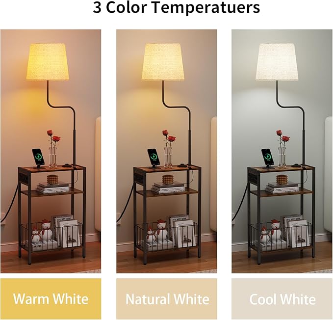 HavenlyYouth Floor Lamp with Table & Storage Baskets, End Table with 3 Color Temperatures LED Bulb, Nightstand with Charging Station, Shelves Side Table for Living Room, Bedroom, Office - Brown