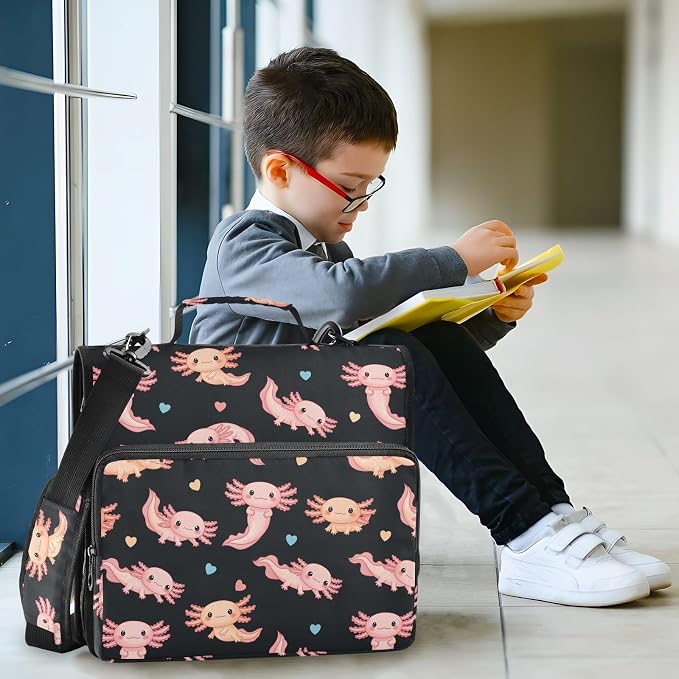 Cute Axolotl Black Print Zipper Binder Bag 3 Ring with Shoulder Strap & Handle Multi Pocket Binder Organizer Bag Large Capacity for School Office Supplies
