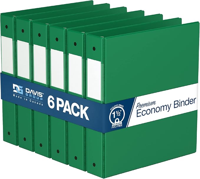 Premium Economy 3-Ring Binder, Spine Label, 1.5" Round Rings, 6 Pack | Heavy-duty binder, fits 8.5" x 11" paper, green, customizable spine, made in Canada, ideal for school or office use