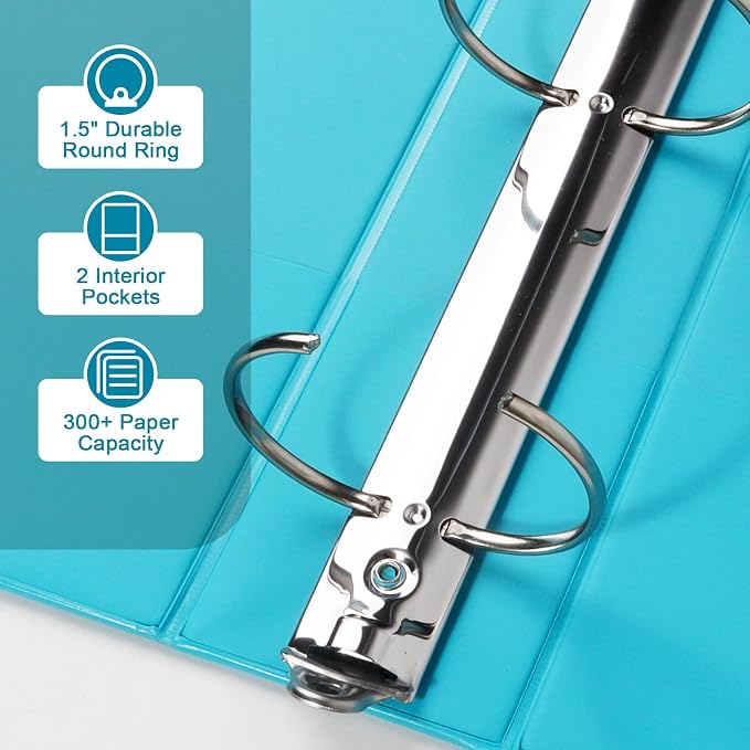 CIXILDTS 1.5-inch Round Ring Binder, Durable 1-1/2" 3 Ring Binder Fit Letter Size Paper, Light Blue, 6-Pack