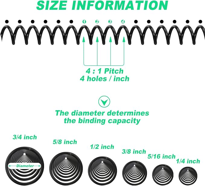 Leinuosen 120 Pack Binder Coils,1/4 5/16 3/8 1/2 5/8 3/4 Inch,Black | Plastic Spiral Binding Coils for Documents, Reports, Notebooks, Compatible with Standard Binding Machines, Office Supplies