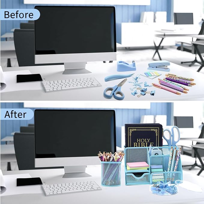 12 in 1 Blue Desk Organizers & Office Supplies Set for Office Home School | Blue Office Supplies for Coworkers Students, Include Stapler, Pen Holder, Tape Holder, Scissors, Ruler, Staple Remover