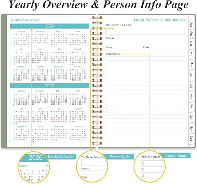 Daily Planner 2026 Full Page Per Day- 2026 Daily & Monthly Planner from January 2026 to December 2026, Day Planner 2026 with 12 Months Tabs, 6.4" x 8,5", Green