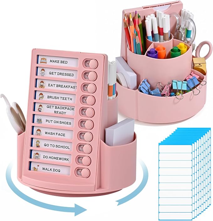 360 Rotating Pen Holder for Desk with Checklist Routine Chart Pencil Organizer To Do List Planning Board with Slider Pen Organizer with 7 Slots Desk Organizers and Accessories for Office School Home