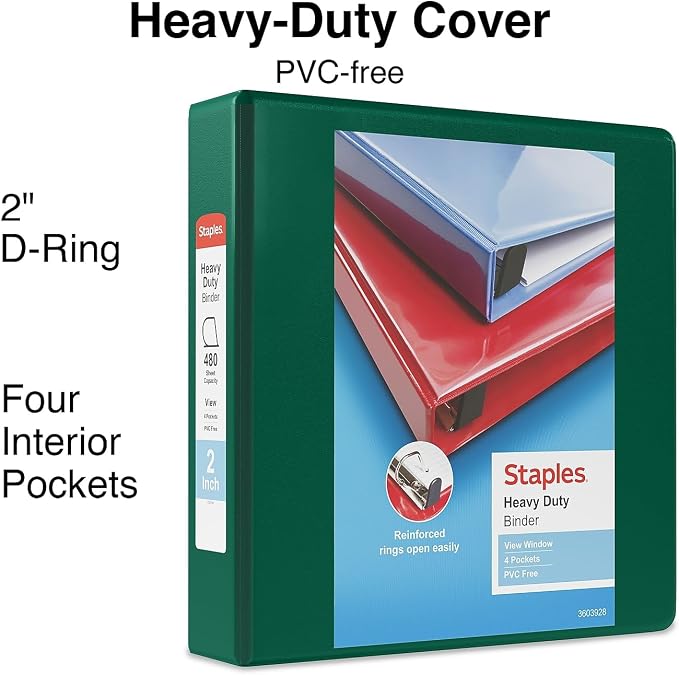 Staples Heavy-Duty 2-Inch D-Ring View Binder, Reinforced Spine, Holds Up to 450 Sheets, Green, for Office & School