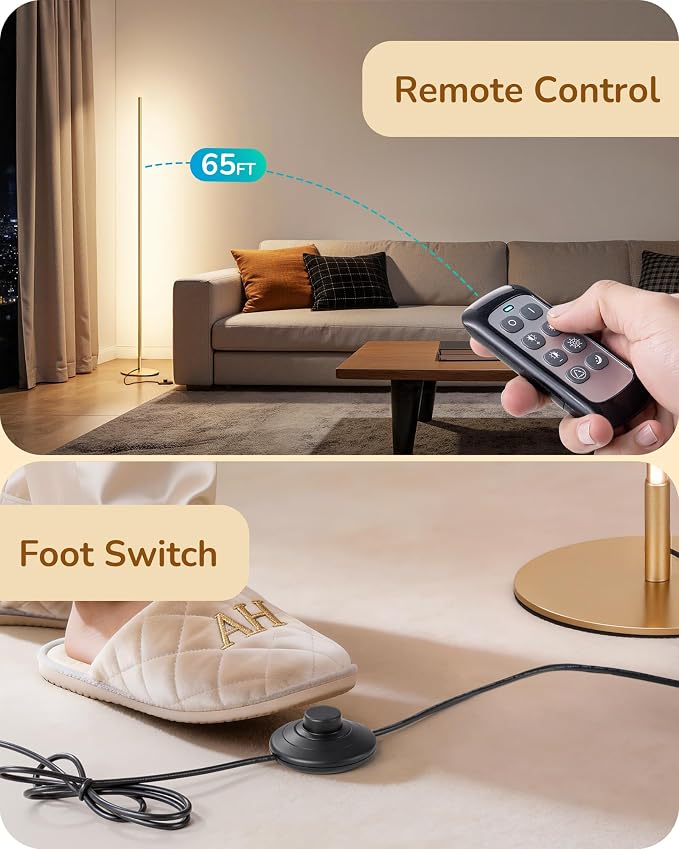 EDISHINE Floor Lamp, Remote Control & Foot Switch Floor Lamps for Living Room, 10%-100% Dimmable Standing Lamp with 7 Color Temperature, 57.5" Tall Corner Floor Lamp for Bedroom, Office, Gold | 2700-6000K, LED Minimalist Modern Floor Lamps for Living R...