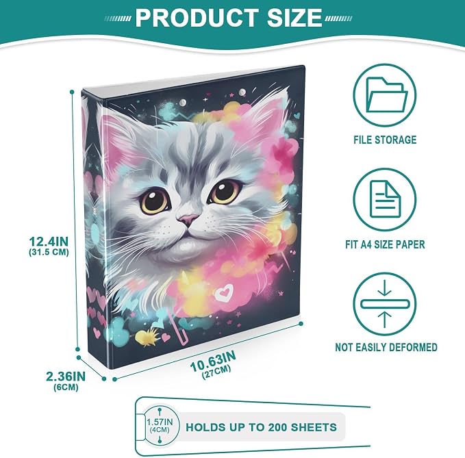 Colorful Cat 3 Ring Binder Letter Size 1.5 Inch Binders 3 Ring with Clipboard & 3 Pockets Three Ring Binder Organizer for Girls School Supplies 1 Pack