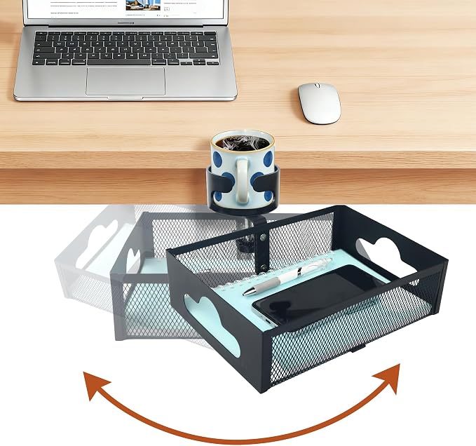 Under Desk Organizer 360° Swivel with Cup Holder,Holds Up to 7lbs | 360° rotation,no-drill clamp,holds up to 7lbs, cup holder,mesh storage,office/kitchen/art use