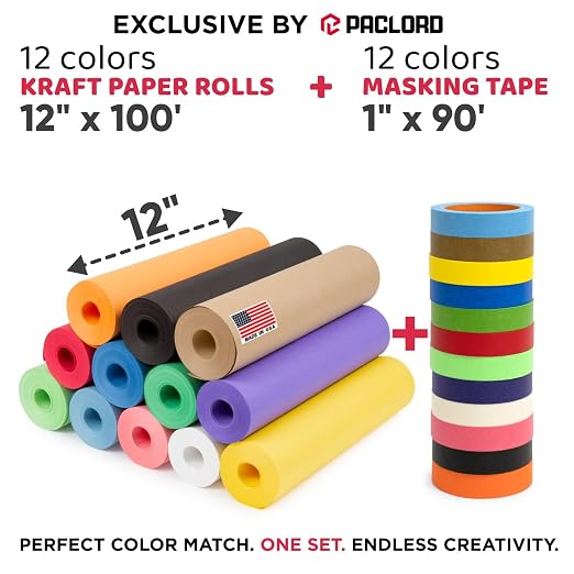12 Rolls of Colored Kraft Paper and 12 Rolls of Colored Masking Tape | 1" Wide Tape, 12" x 100' Kraft Paper Rolls - Bulk Kids Craft Supplies - For Arts, Decoration, DIY, School
