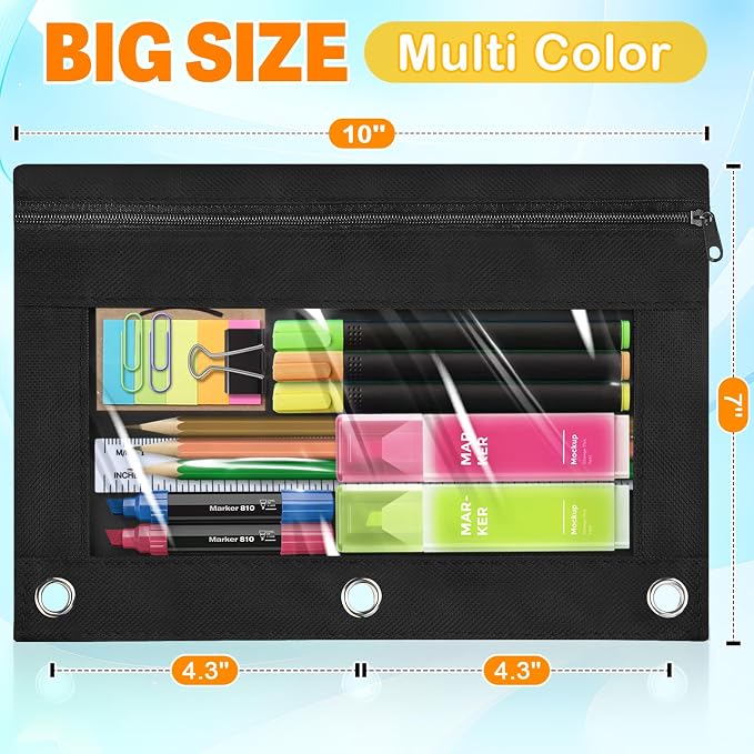Pencil Pouch for 3 Ring Binder, 100 Packs Zipper Pencil Pouch Bulk (Black) | Pencil Case for Binder with Clear Window, Pencil Pouches Bulk for School Classroom, Teacher Students Supplies Bulk