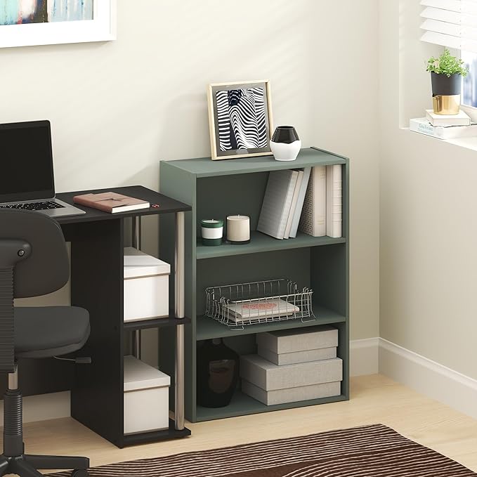 Furinno PASIR Book Shelf, 3-Tier Bookshelf, Storage Shelves Bookcase, 9.7 x 23.7 x 31.5, for Living Room, Bedroom, Home Office, Sage Green