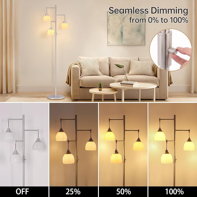 Shenmoyl Stepless Dimming Floor Lamps for Living Room, Bedroom, Nickel Standing Lamp with 3pcs 6W Bulbs, Vintage Floor Lamp for Corner, Nursery (White Tulip)