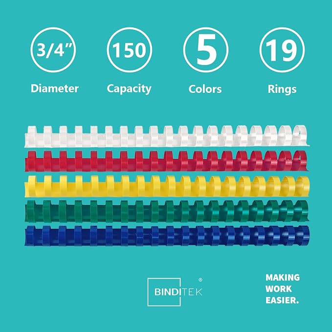 Binditek Plastic Binding Combs, 3/4 Inch, 19 Ring, Multi Color, 30 Pack | Plastic Binding Combs, 3/4 Inch Diameter, 150 Sheet Capacity, for Letter Size, Multi Color (White, Yellow, Red, Green, Blue)