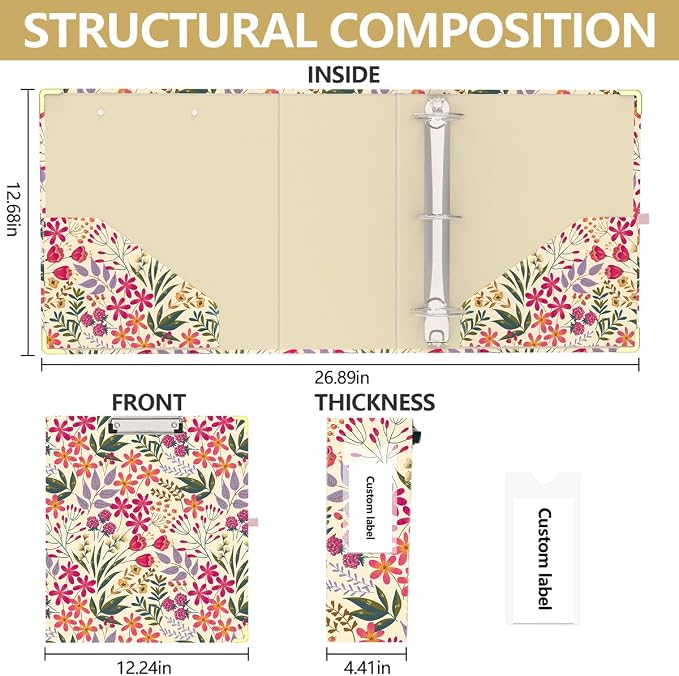 3 Ring Binder 3 Inch, Cute Decorative Hardcover Low Profile Clipboard with Storage, 3'' Round Ring Binders for Letter Size Paper, Durable Binder Organizer for School Office Supplies(Pink Floral)