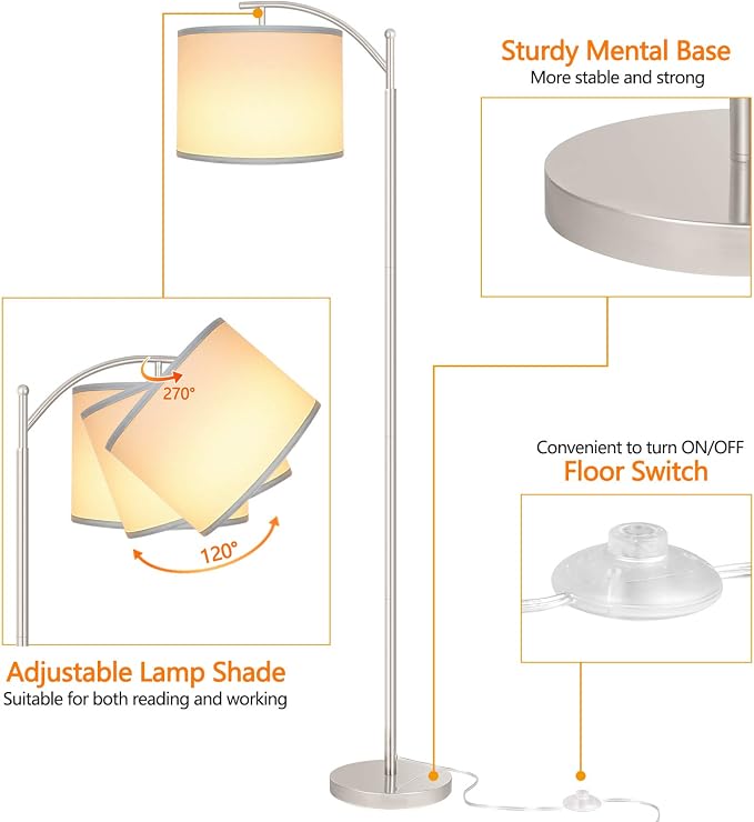 Floor Lamp for Living Room with 3 Color Temperatures LED Bulb, Standing Lamp Tall Industrial Floor Lamp Reading for Bedroom, Office (9W LED Bulb, White Lampshade Included) -Silver