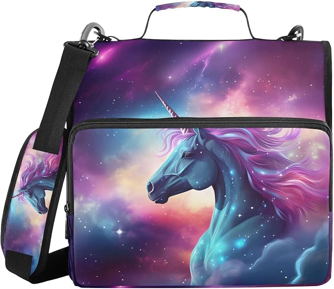 MNSRUU 3 Ring Binder Bag, 2 Inch D-Rings Easily Organizes 1 Inch Fits Letter Sized Paper, Unicorn Starry Sky Large 3 Hole Zipper Binder Organizer for School Office Supplies