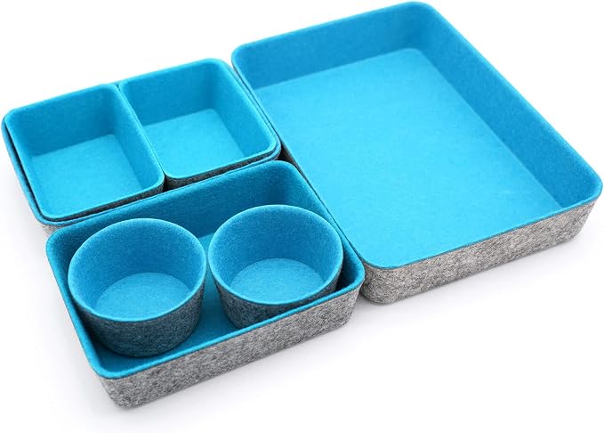 Drawer organizers bins felt tray desk storage bins dividers small organizing box for office supplies closet cabinet makeup holder Fall room decor 7-piece (Turquoise)