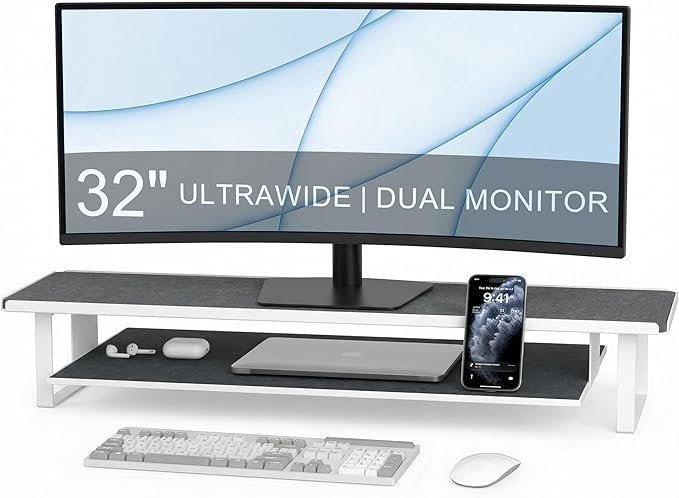 Dual Monitor Stand Riser, 31.5 Inch Extra Wide Thick Heavy Duty Carbon Steel 2 Tier Desktop Organizer with Pull Out Layered Shelf,for Home Office Gaming Curved Monitors