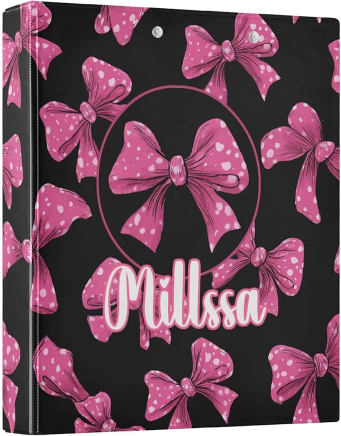 Pink Polka Dot 3 Ring Binder with Clipboard Round Ring Binders Bows Name Custom Binder 3 Interior Clear Pockets for Office Supplies 1 Pack