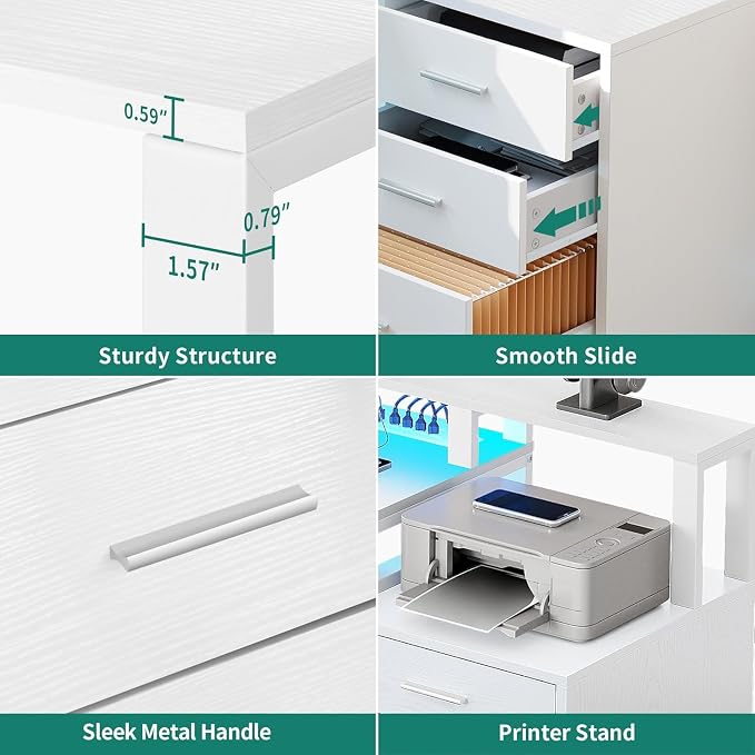 YITAHOME L Shaped Desk with 3 Drawers | 65" Corner Computer Desk with Power Outlets & LED Lights, L-Shaped Desk with File Cabinet & Printer Stand for Home Office