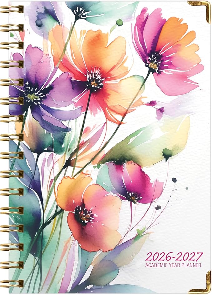 HARDCOVER Academic Year 2026-2027 Planner: 14 Months (May 2026 Through June 2027) 5.5"x 8" Daily Weekly Monthly Planner Yearly Agenda. Bookmark, Pocket Folder and Sticky Note Set (Rainbow Floral)