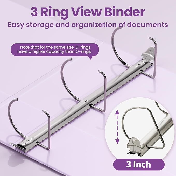 SUNEE 3 Ring Binder 3 Inch D Ring, Clear View Binder Three Ring PVC-Free (Fit 8.5x11 Inches) for School or Office Supplies, Light Purple, 1 Pack